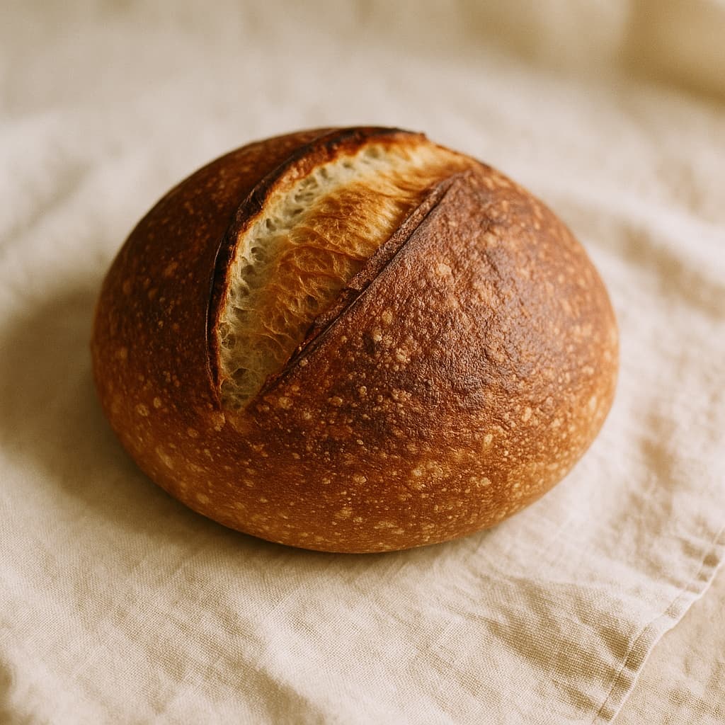 The Hazel, a round country sourdough loaf with a scored crust