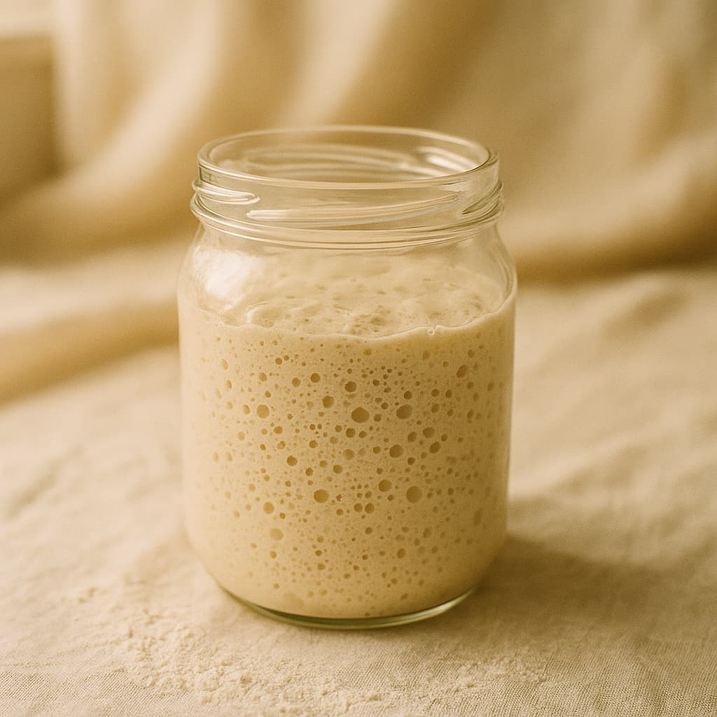 A glass jar of bubbly, active sourdough starter