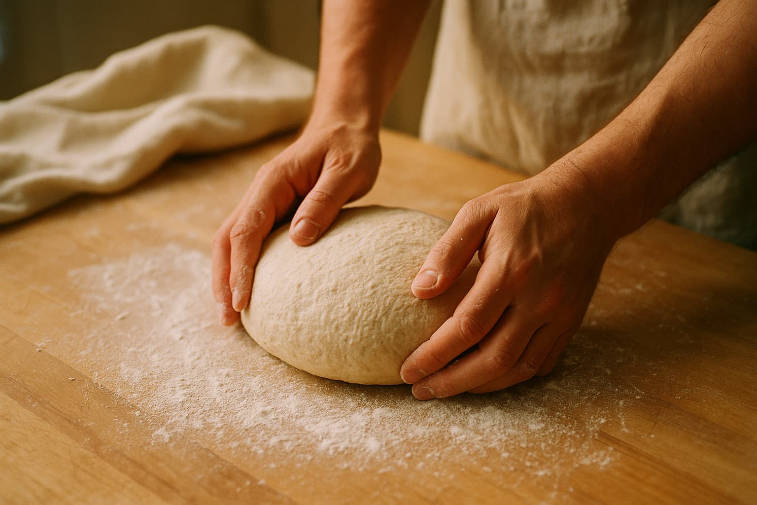 Hands shaping a round of sourdough dough on a flour-dusted counter